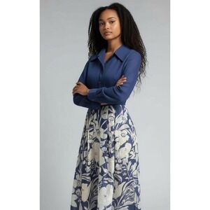 70s VTG Dress Shirt Waist Maxi Long Floral Blue Hawaiian Dagger Collar Medium